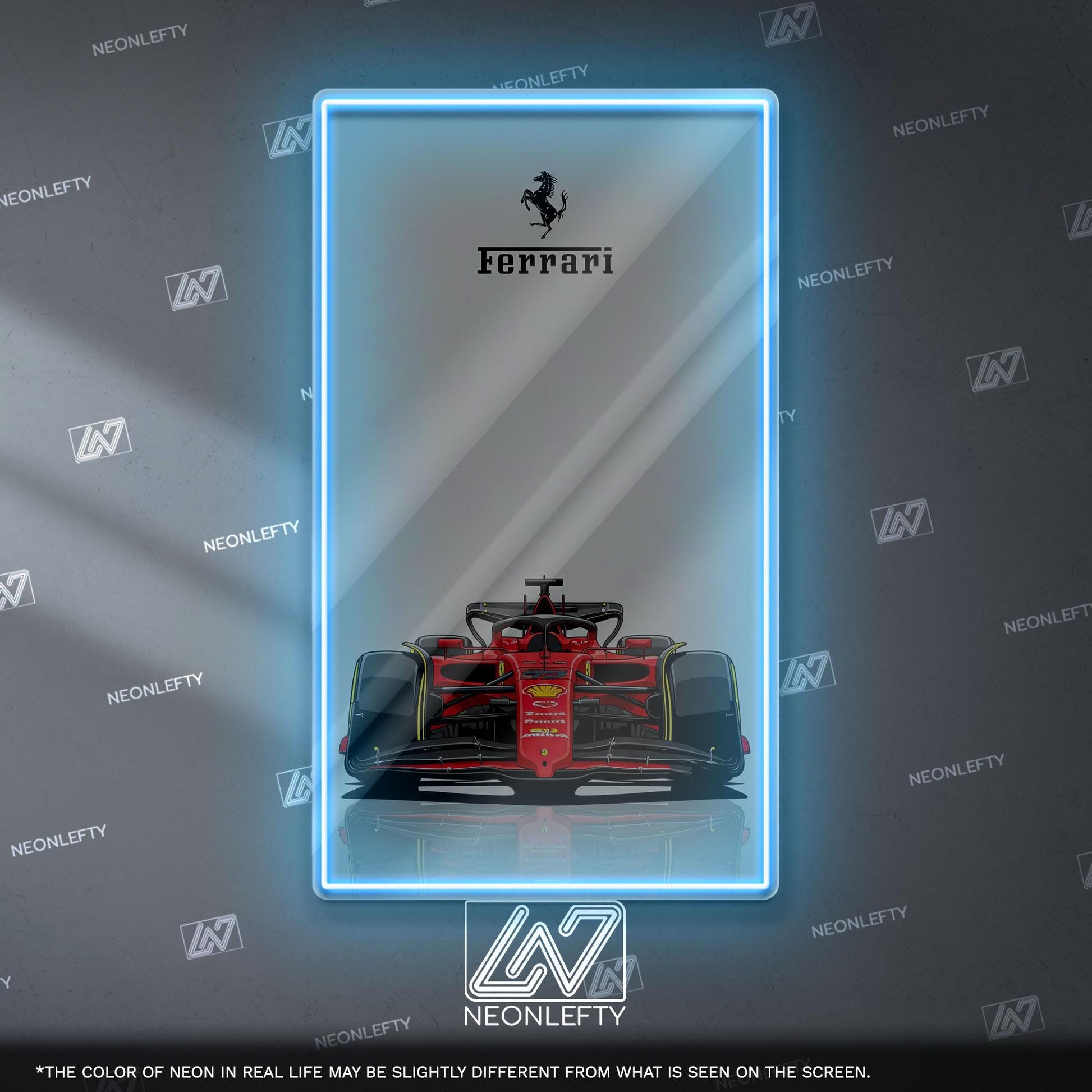 Ferrari F1 Neon Sign - Bold front view wall art of iconic Scuderia Ferrari Formula 1 car, perfect for garage, man cave, office or motorsport