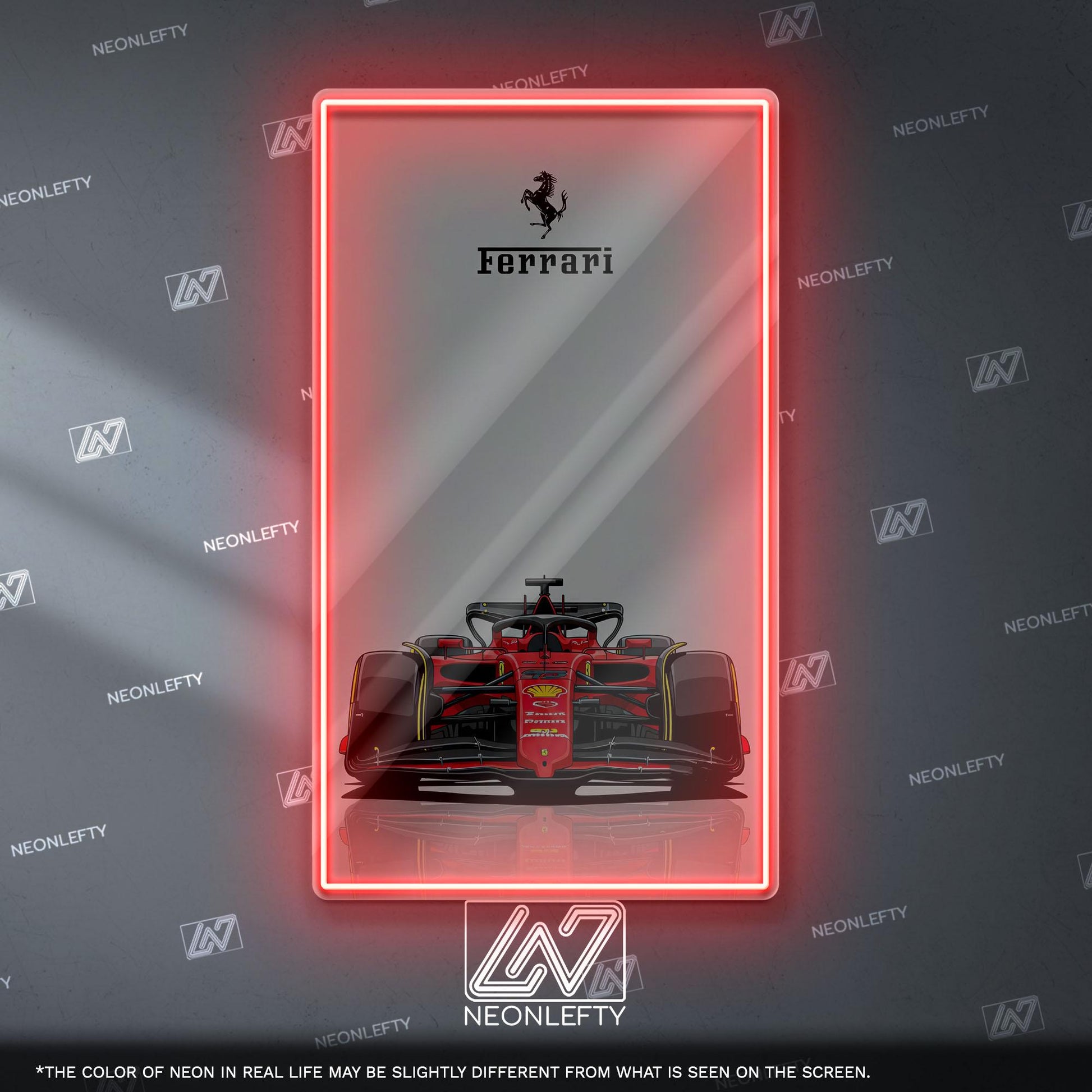 Ferrari F1 Neon Sign - Bold front view wall art of iconic Scuderia Ferrari Formula 1 car, perfect for garage, man cave, office or motorsport