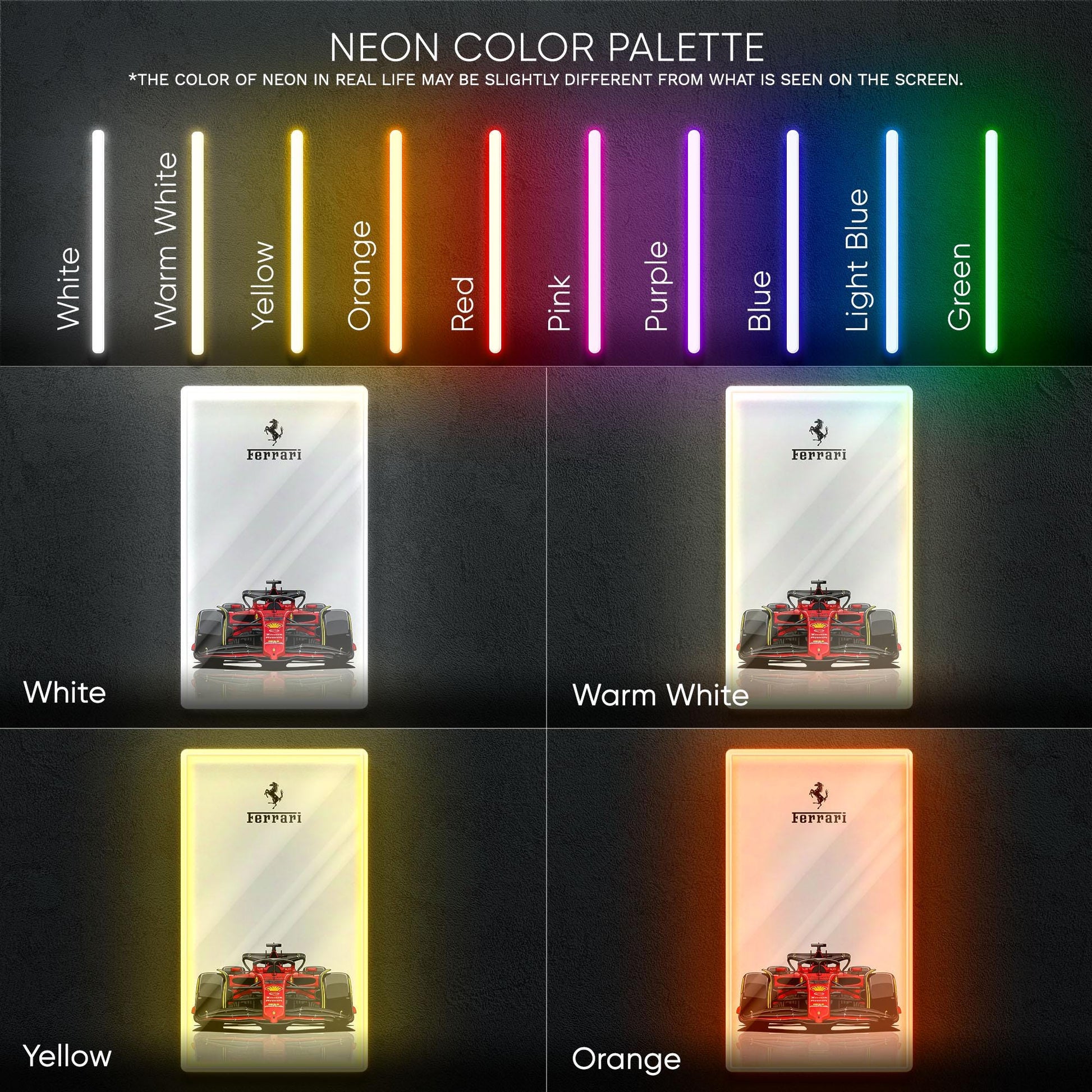 Ferrari F1 Neon Sign - Bold front view wall art of iconic Scuderia Ferrari Formula 1 car, perfect for garage, man cave, office or motorsport