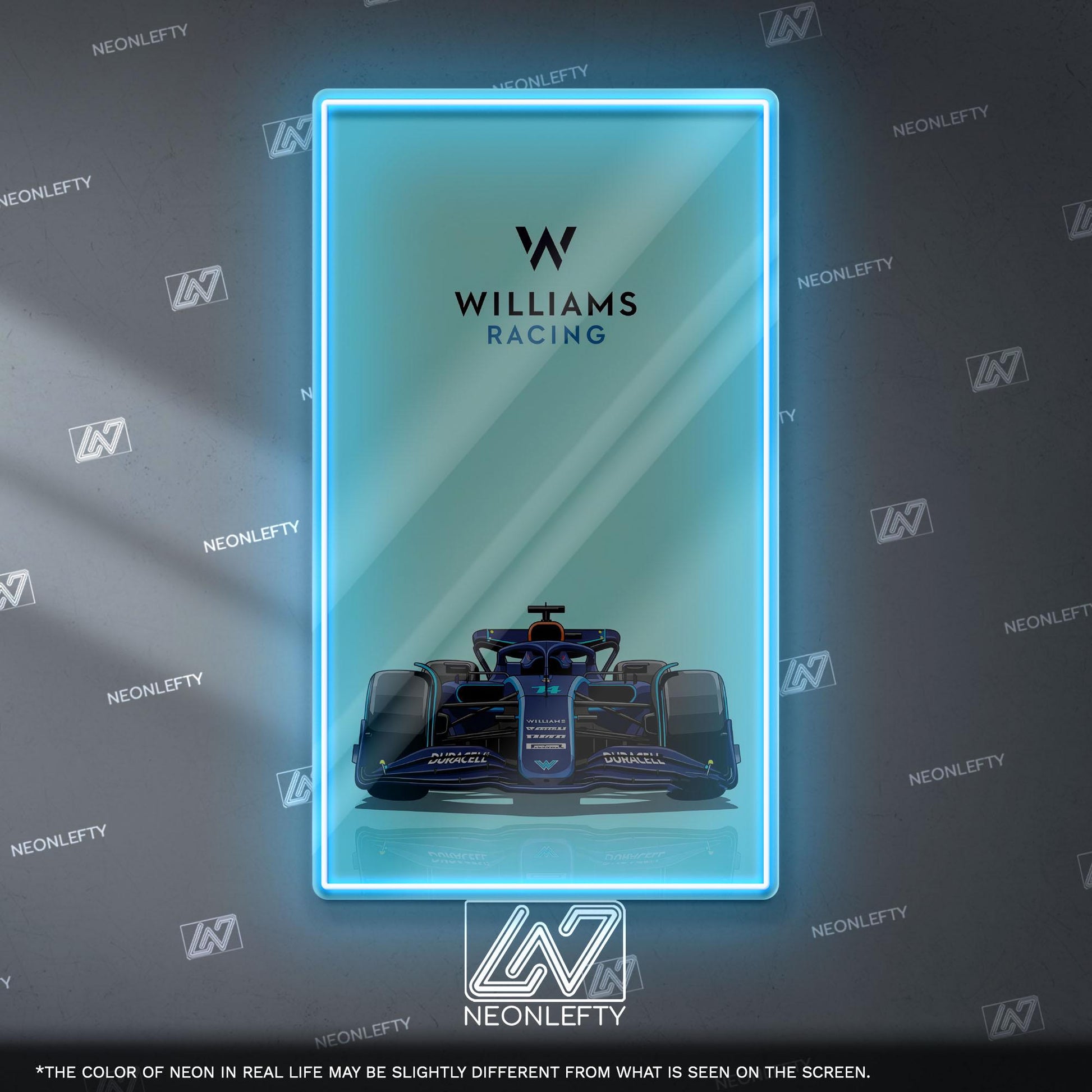 Williams Racing F1 Neon Sign - Front view wall art of iconic Formula 1 team car, perfect for garage, man cave, office or motorsport setup
