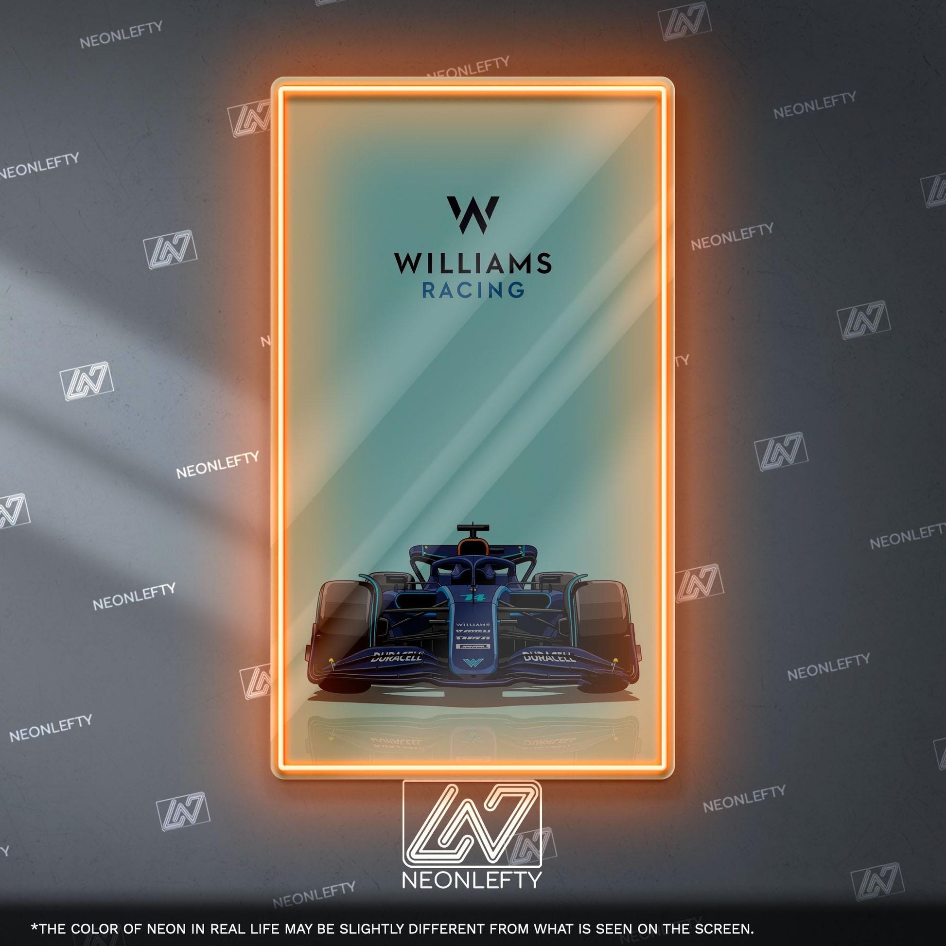 Williams Racing F1 Neon Sign - Front view wall art of iconic Formula 1 team car, perfect for garage, man cave, office or motorsport setup