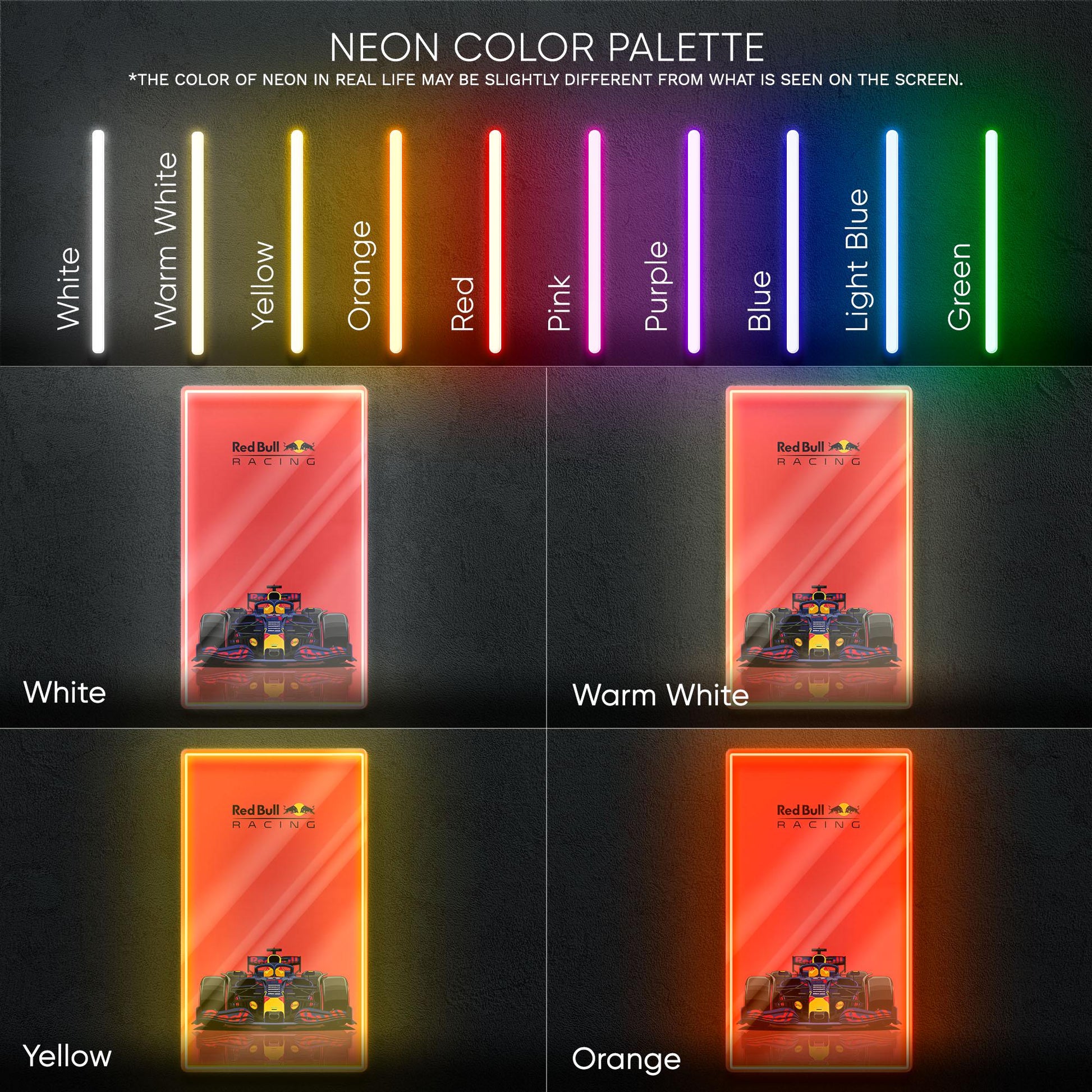 Red Bull Racing F1 Neon Sign - Dynamic front view wall art of iconic Formula 1 team car, perfect for garage, man cave, office or motorsport