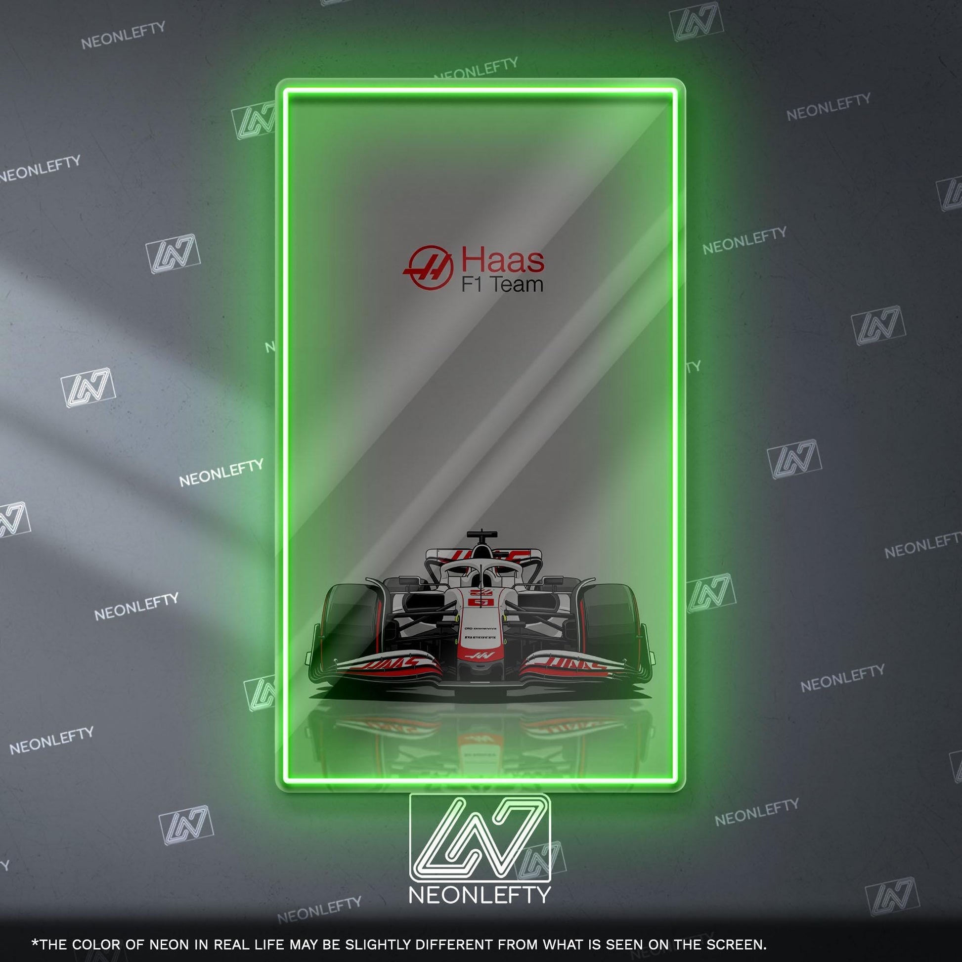 Haas F1 Team Neon Sign - Bold front view wall art of American Formula 1 car, perfect for garage, man cave, office or motorsport collection