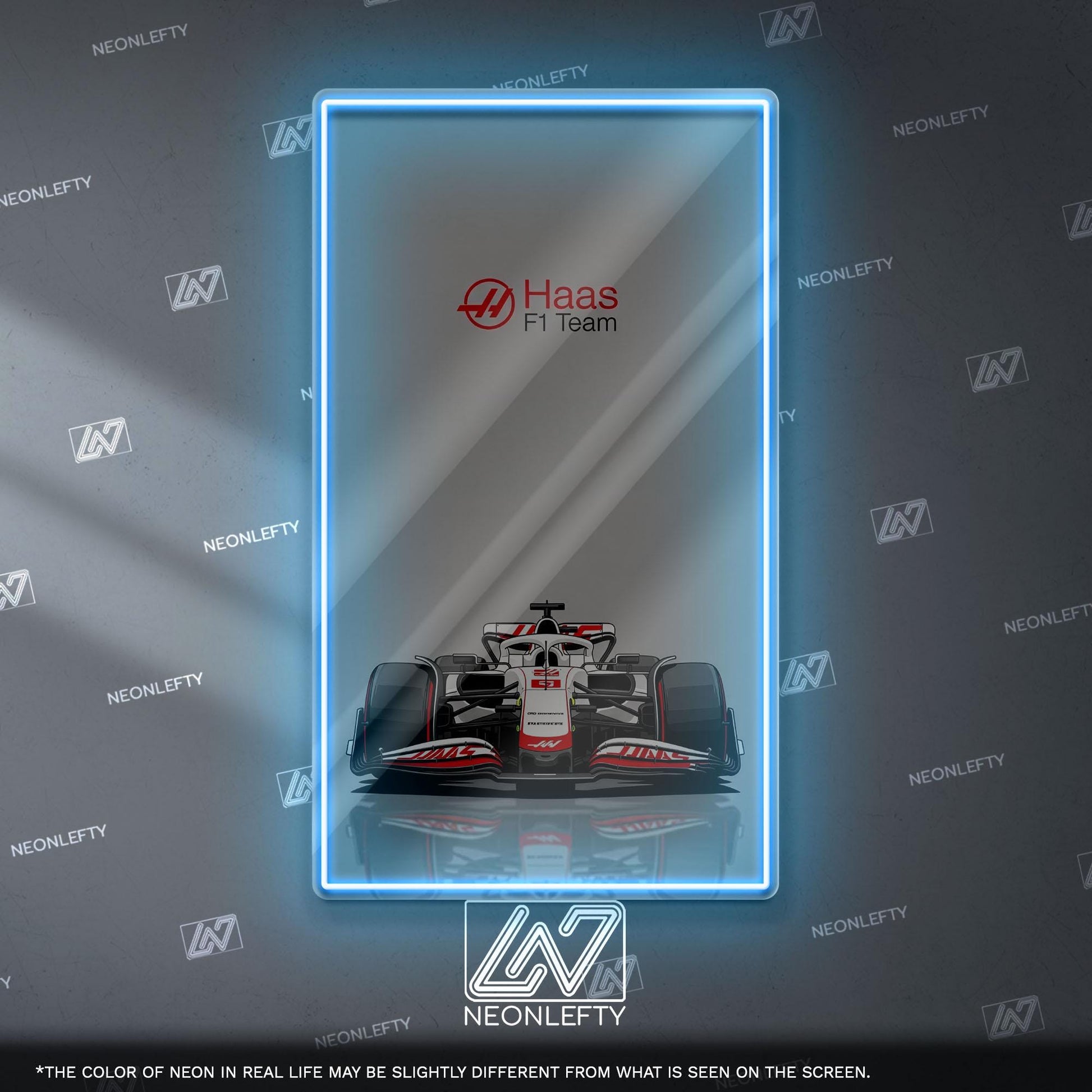Haas F1 Team Neon Sign - Bold front view wall art of American Formula 1 car, perfect for garage, man cave, office or motorsport collection
