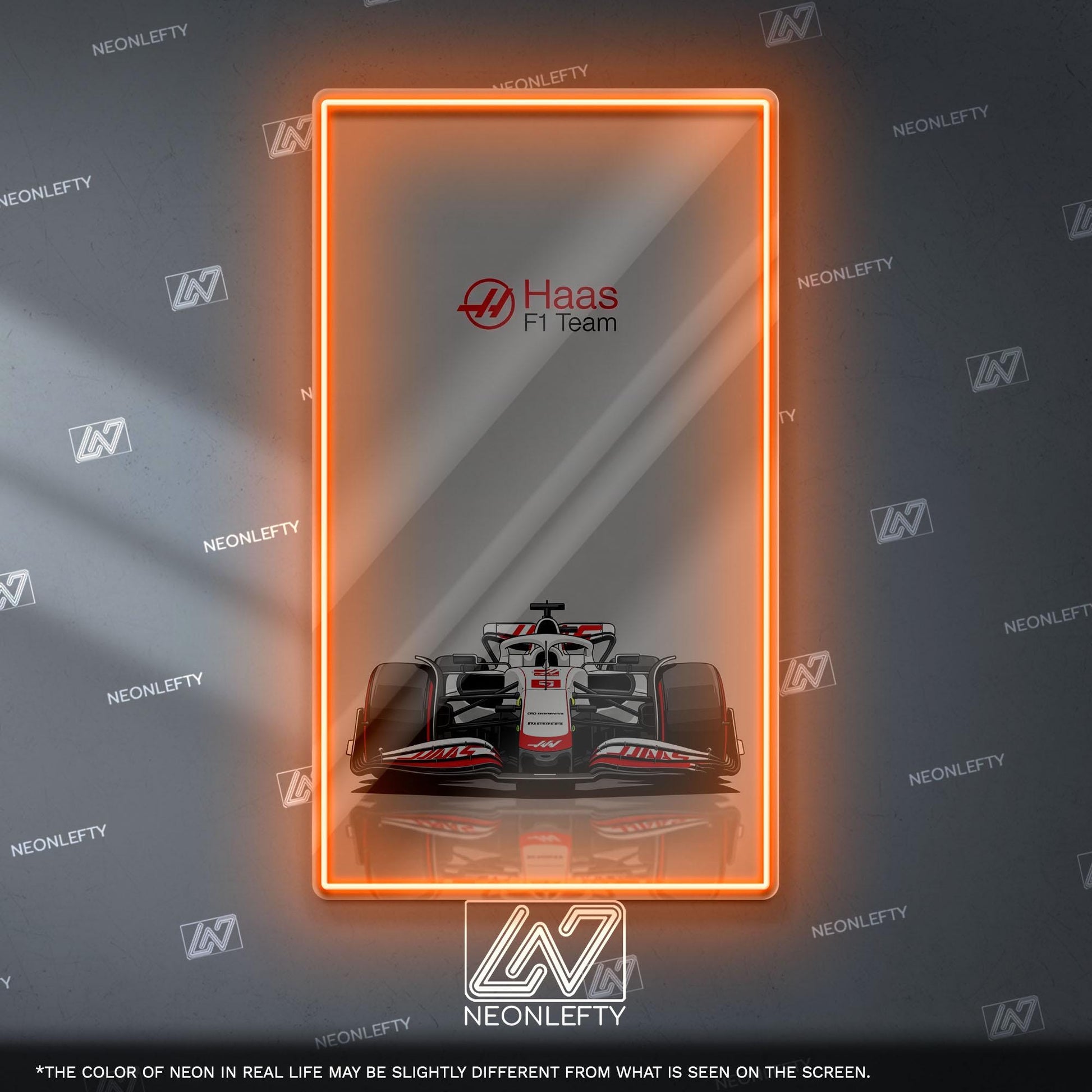 Haas F1 Team Neon Sign - Bold front view wall art of American Formula 1 car, perfect for garage, man cave, office or motorsport collection