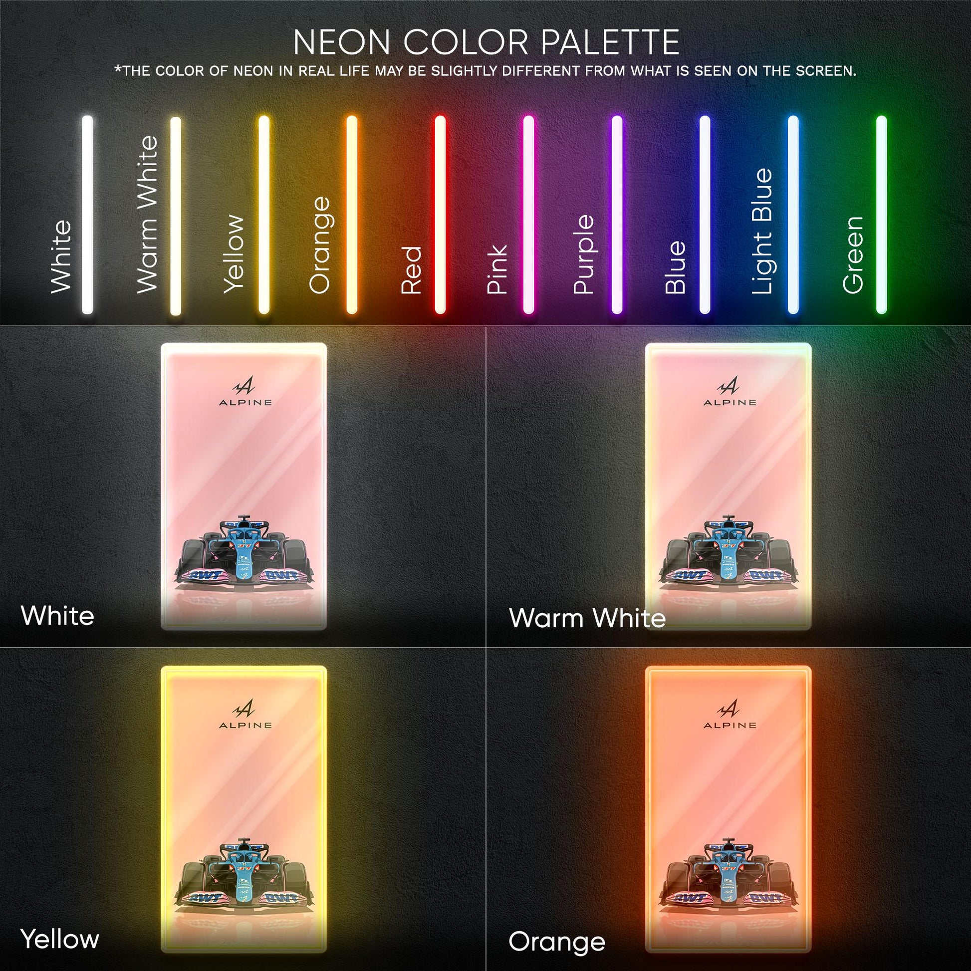 Alpine F1 Neon Sign - Front view wall art of Alpine Formula 1 car, perfect for garage, man cave, office or motorsport enthusiast interior