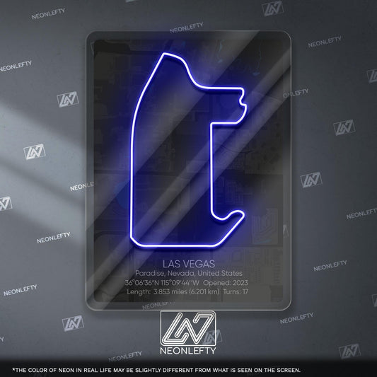 Las Vegas Neon Sign - Iconic Formula 1 track wall art from the Las Vegas Grand Prix, perfect for garage, man cave or racing fan room