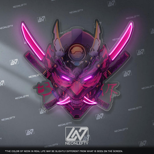 Cyberpunk Oni Mask Neon Sign - Japanese demon wall decor inspired by cyberpunk aesthetics, perfect for gaming room, studio or anime interior